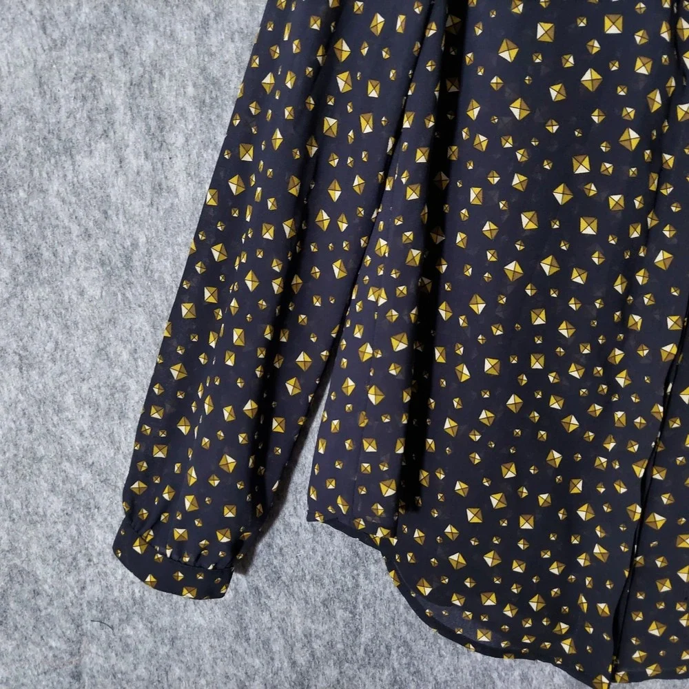Michael‎ Kors Blouse Women M Black Gold Stud Print Grommet Neck Button Front Top